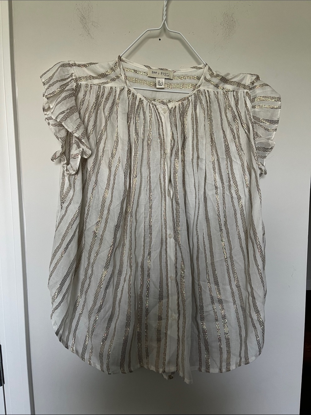 See U Soon Metallic-Striped White Flutter-Sleeve Blouse